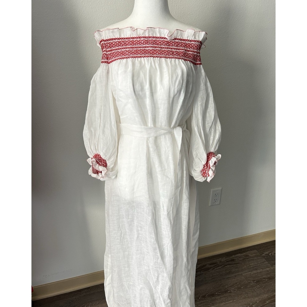 Lisa Marie Fernandez Off Linen Red Embroidered Dress Cottagecore Luxury Farm - Picture 1 of 7